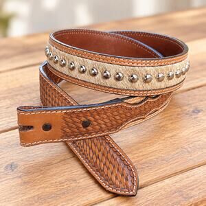 Nocona Men’s 42 Western Leather Hair-On Cowhide Studded Belt 1.5" No Buckle